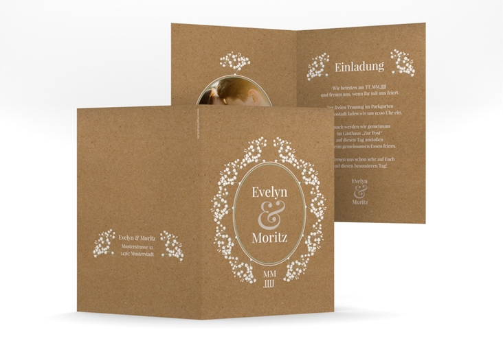 Einladungskarte Hochzeit Gypsophila A6 Klappkarte hoch Kraftpapier im Vintage-Stil mit Blumenkranz aus Schleierkraut