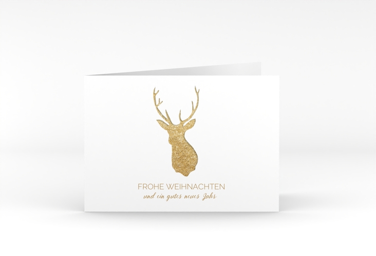 Geschäftliche Weihnachtskarte Deer A6 Klappkarte quer gold hochglanz und weiß mit Hirschkopf