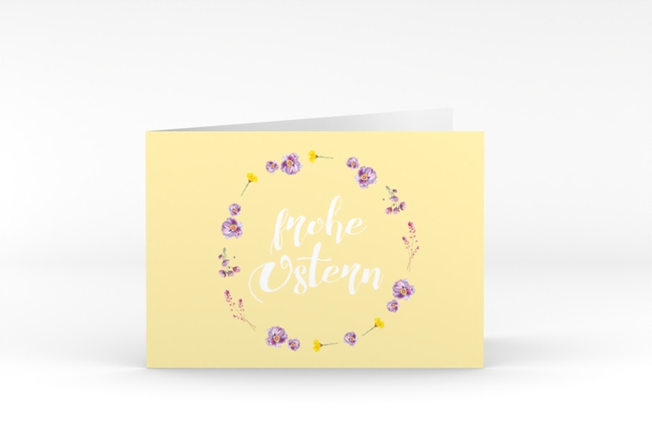 Osterkarte Fiorellino A6 Klappkarte quer gelb hochglanz Pastell mit Blumenkranz