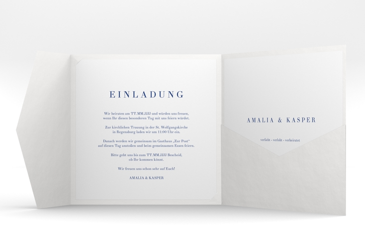 Hochzeitseinladung Filigrana Pocketfold blau hochglanz in reduziertem Design mit Initialen und zartem Blätterkranz