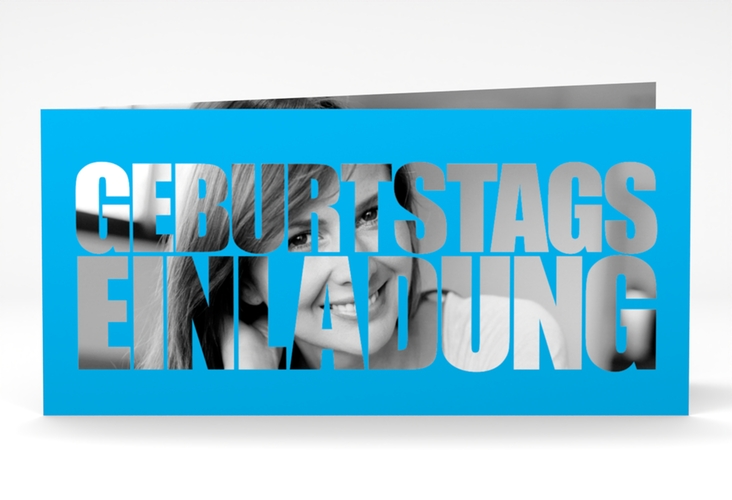 Einladung Geburtstag Jahreszahl lange Klappkarte quer blau