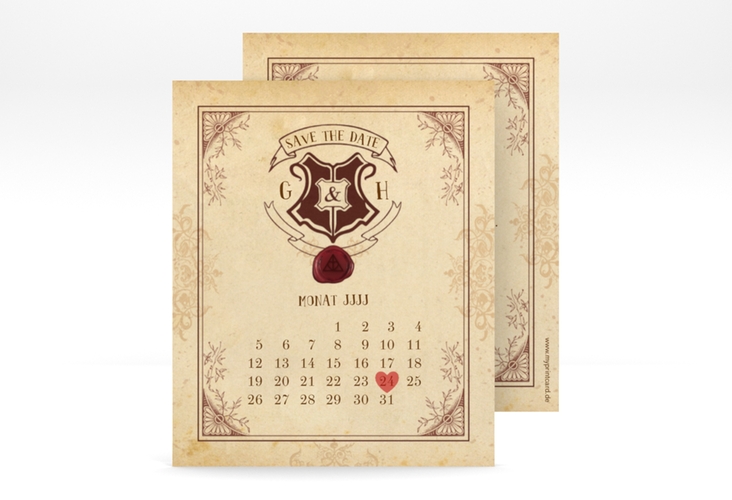 Save the Date-Kalenderblatt Zauberkunst Kalenderblatt-Karte mit Fantasy-Wappen, Siegel und Zauberschule