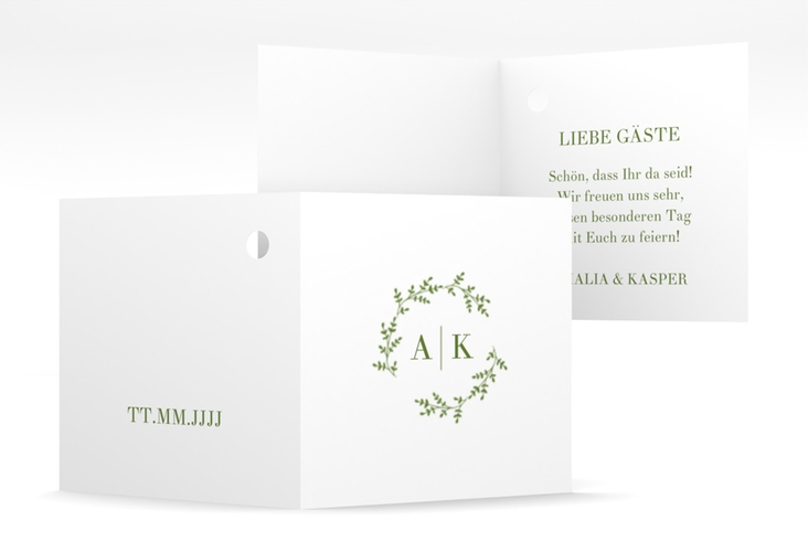 Geschenkanhänger Hochzeit Filigrana Geschenkanhänger 10er Set gruen in reduziertem Design mit Initialen und zartem Blätterkranz