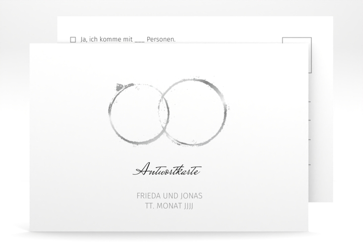 Antwortkarte Hochzeit Trauringe A6 Postkarte grau minimalistisch gestaltet mit zwei Eheringen