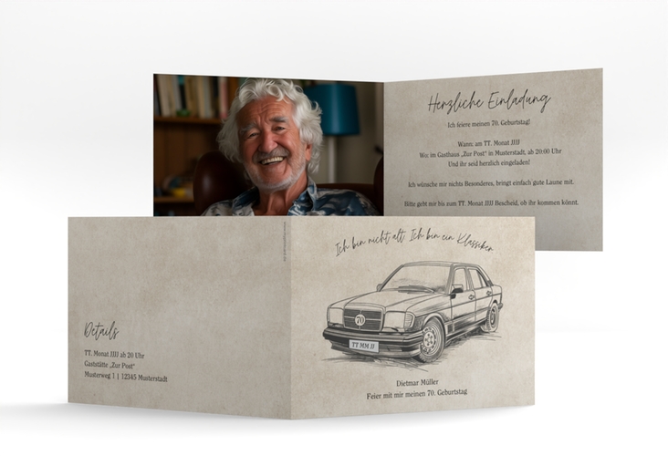 Einladung 70. Geburtstag Oldtimer A6 Klappkarte quer