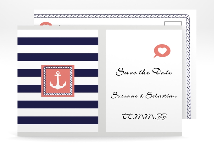Save the Date-Postkarte Girona A6 Postkarte hochglanz mit maritimen Streifen und Anker