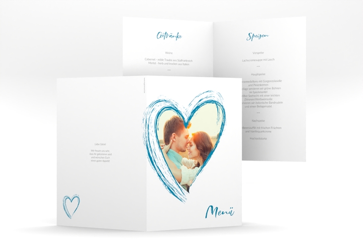 Menükarte Hochzeit Liebe A5 Klappkarte hoch tuerkis hochglanz