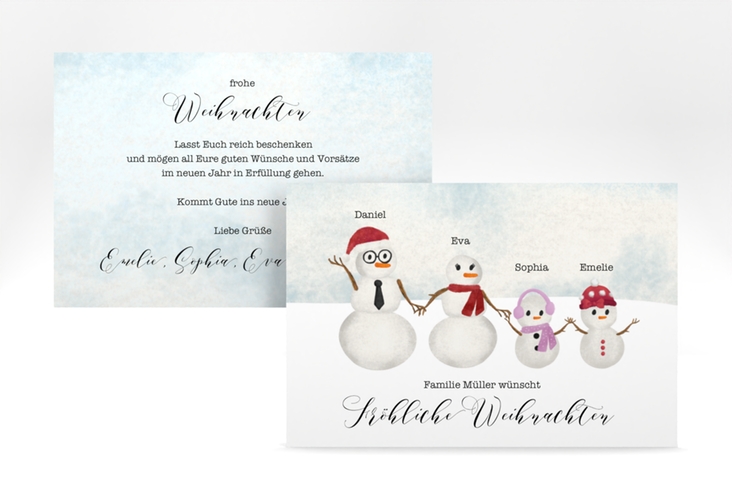 Weihnachtskarte Schneemann Familie A6 Karte quer rosa für Weihnachtsgrüße mit Familienfoto