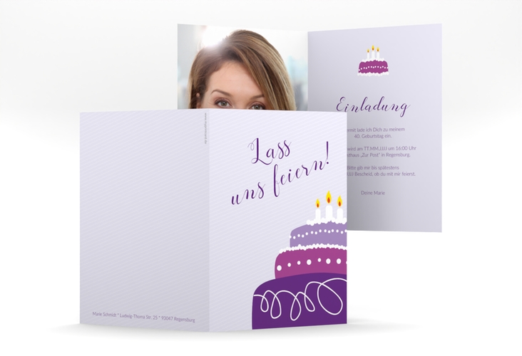 Einladung 40. Geburtstag Cake A6 Klappkarte hoch flieder