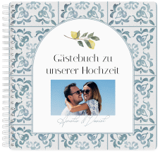 Klick: Details zu Gästebuch Hochzeit "Azulejo" anzeigen Gästebuch Hochzeit Azulejo Ringbindung blau mit mediterranem Azulejo-Muster und Zitronen