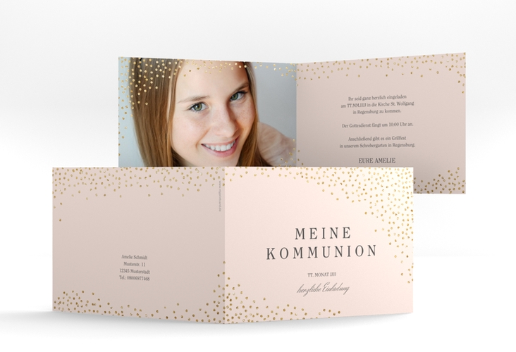 Einladung Kommunion Glanzvoll A6 Klappkarte quer rosa hochglanz