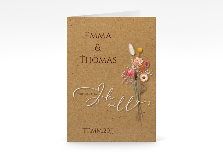 Einladungskarte Hochzeit Flowerbunch A6 Klappkarte hoch Kraftpapier mit Strauß aus Trockenblumen