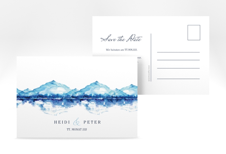 Save the Date-Postkarte Bergliebe A6 Postkarte blau hochglanz mit Gebirgspanorama für Berghochzeit