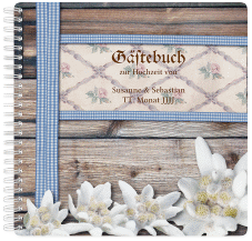 Klick: Details zu Gästebuch Hochzeit "Bayern" anzeigen Gästebuch Hochzeit Bayern Ringbindung blau mit Edelweiß in rustikaler Holz-Optik