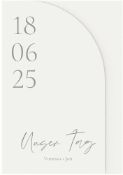 Klick: Details zu Hochzeitseinladung "Day" anzeigen Hochzeitseinladung Day mittlere Bogen-Wickelfalzkarte weiss mit Datum im minimalistischen Design