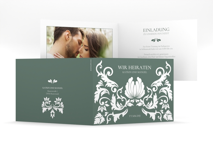 Hochzeitseinladung Royal mittlere Klappkarte quer gruen mit barockem Blumen-Ornament