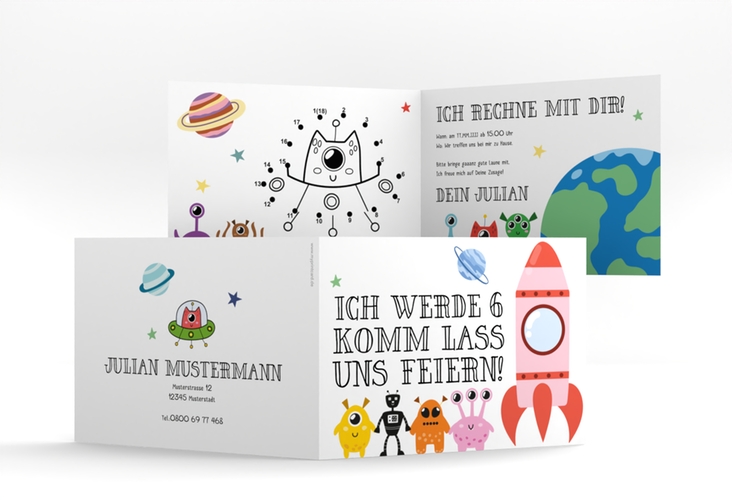 Einladungskarte Kindergeburtstag Zahlien A6 Klappkarte quer hochglanz mit außerirdischen Monstern und Rakete