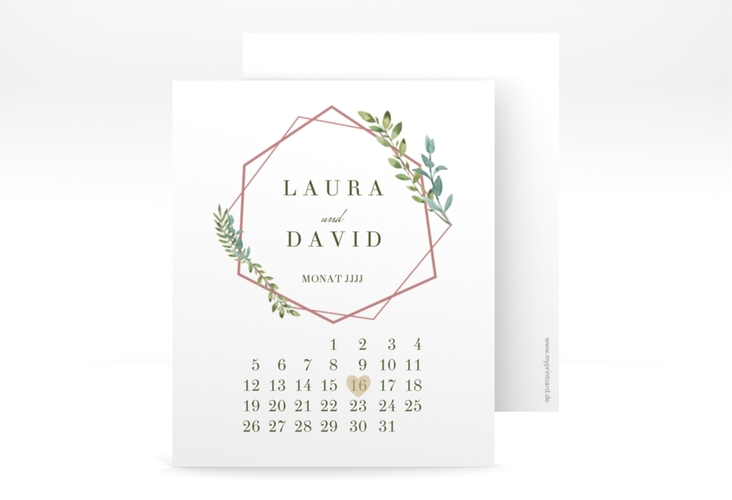 Save the Date-Kalenderblatt Herbarium Kalenderblatt-Karte rosa hochglanz mit geometrischem Rahmen und Blätter-Dekor