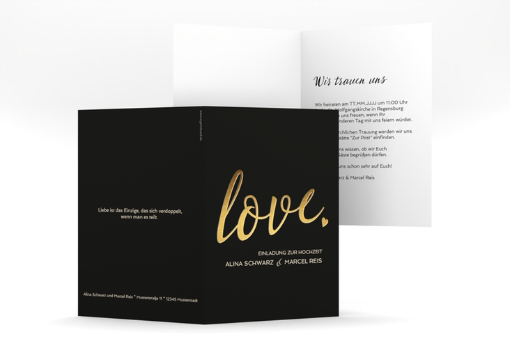 Einladungskarte Hochzeit Glam A6 Klappkarte hoch schwarz hochglanz
