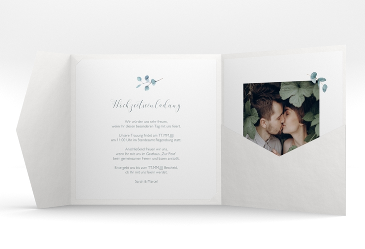 Hochzeitseinladung "Greenheart" Pocketfold grau mit elegantem Herz und Eukalyptus-Zweig