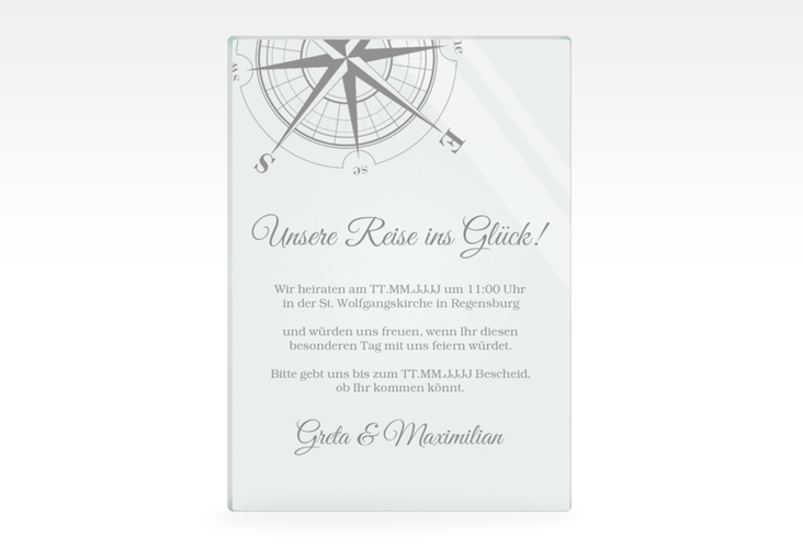 Acryl-Hochzeitseinladung Windrose Acrylkarte hoch grau hochglanz