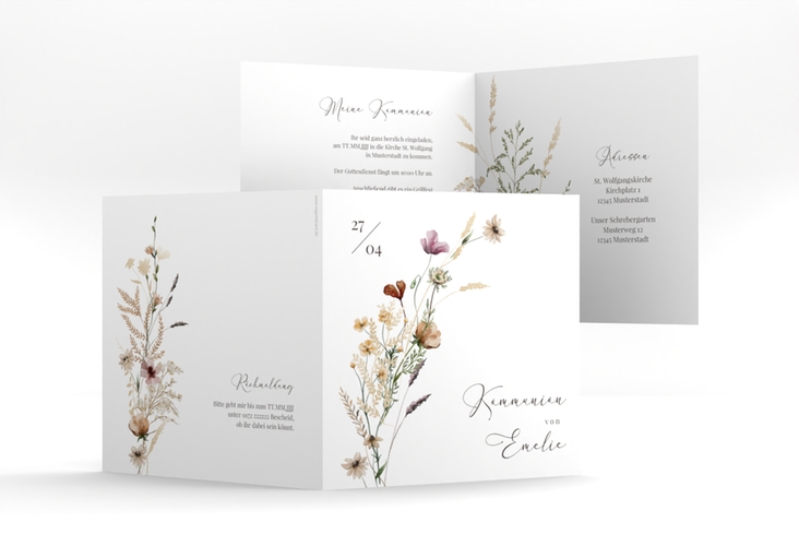Kommunionseinladung Blumensegen quadr. Klappkarte weiss hochglanz