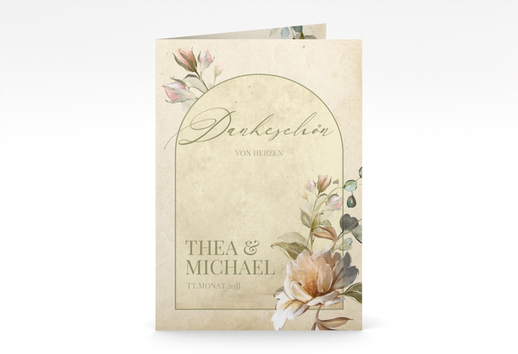 Danksagungskarte Hochzeit Dornröschen A6 Klappkarte hoch beige mit Aquarell-Rosen im Vintage-Look