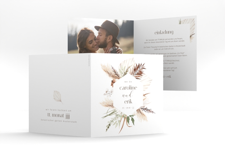 Hochzeitseinladung Bohemian quadr. Klappkarte weiss im Boho-Style mit Pampasgras