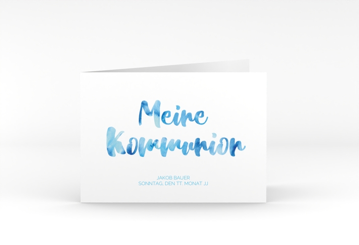 Kommunionseinladung Flora A6 Klappkarte quer blau