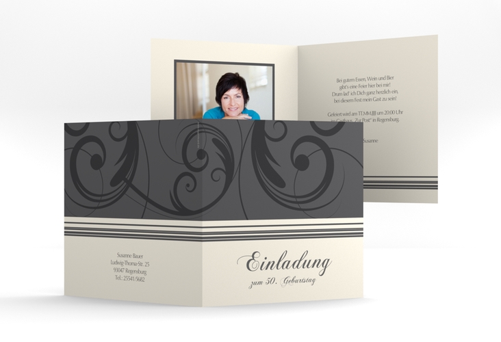 Einladung 50. Geburtstag Katharina quadr. Klappkarte grau hochglanz