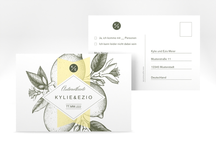 Antwortkarte Hochzeit Lemon A6 Postkarte mit mediterranem Zitronen-Kupferstich