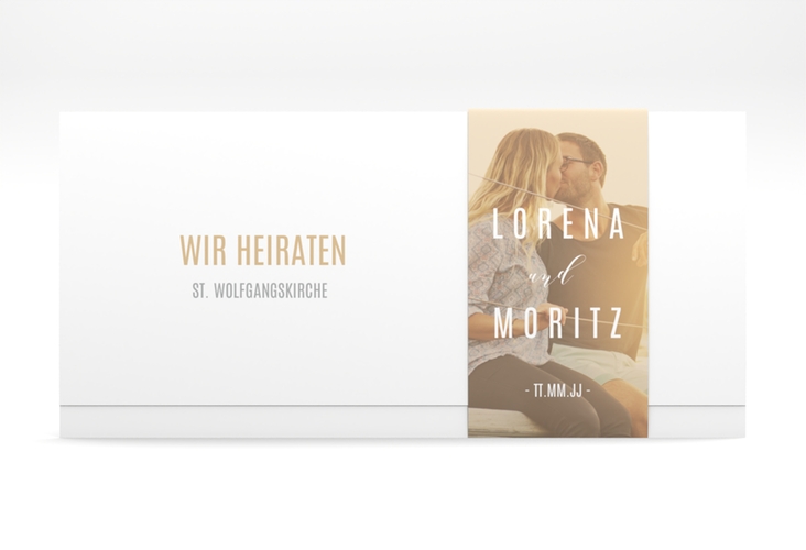 Hochzeitseinladung Memory Wickelfalzkarte + Banderole beige hochglanz