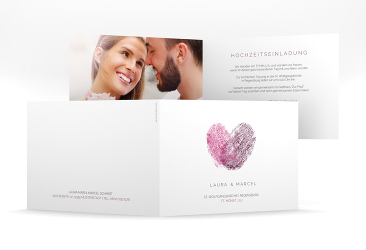 Hochzeitseinladung Fingerprint mittlere Klappkarte quer pink hochglanz schlicht mit Fingerabdruck-Motiv