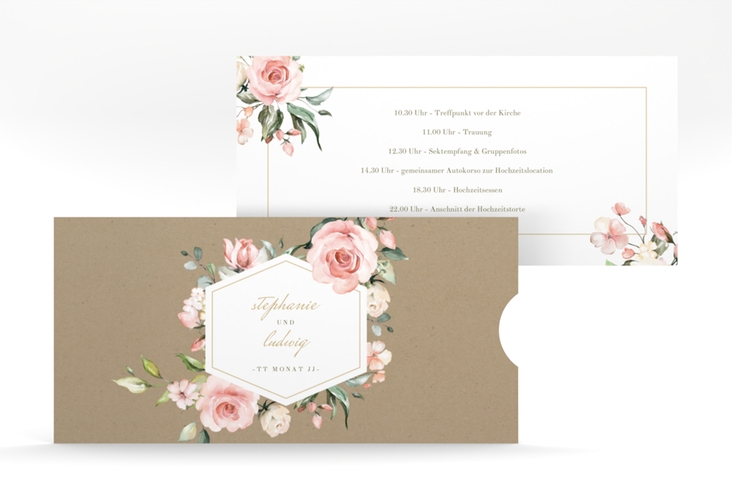 Hochzeitseinladung Graceful Einsteckkarte Kraftpapier mit Rosenblüten in Rosa und Weiß