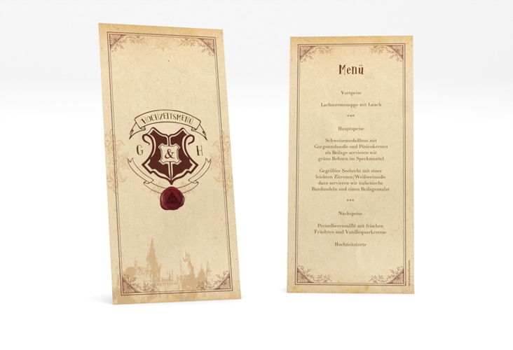 Menükarte Hochzeit Zauberkunst lange Karte hoch mit Fantasy-Wappen, Siegel und Zauberschule