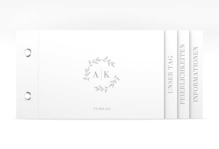 Hochzeitseinladung Filigrana Booklet grau hochglanz in reduziertem Design mit Initialen und zartem Blätterkranz