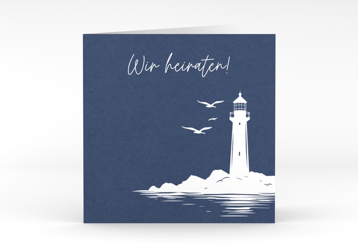 Hochzeitseinladung Leuchtturm quadr. Klappkarte blau