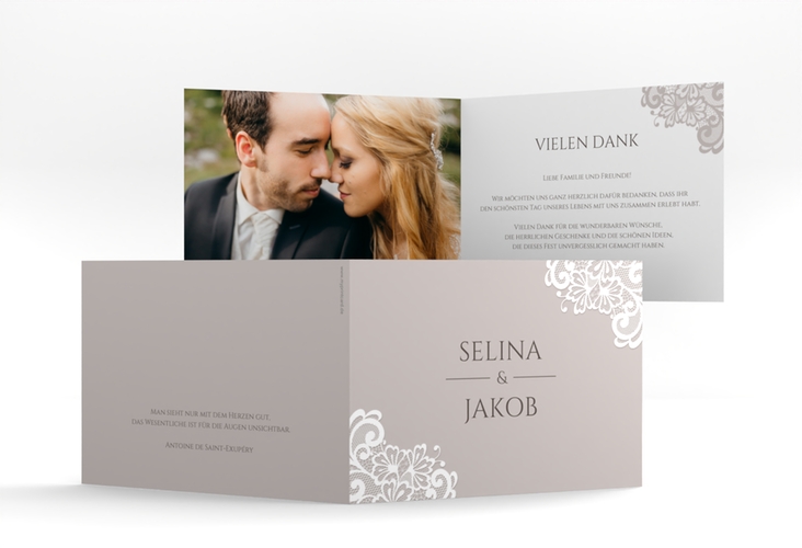 Dankeskarte Hochzeit Vintage A6 Klappkarte quer grau hochglanz mit floraler Spitze
