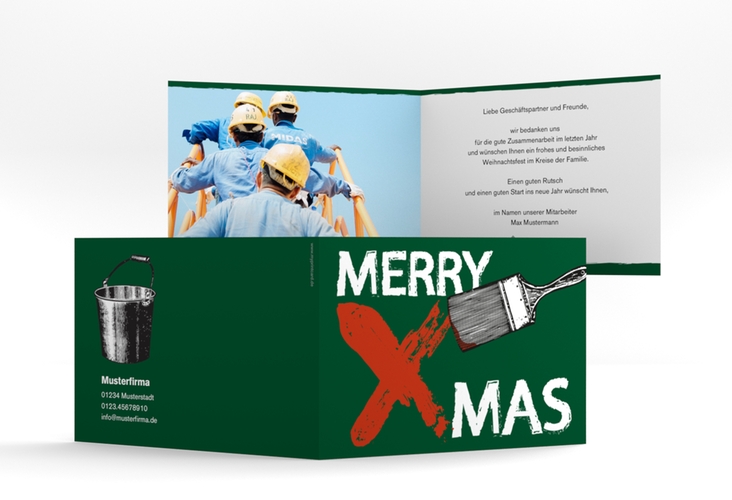 Geschäftliche Weihnachtskarte Pinsel A6 Klappkarte quer gruen hochglanz