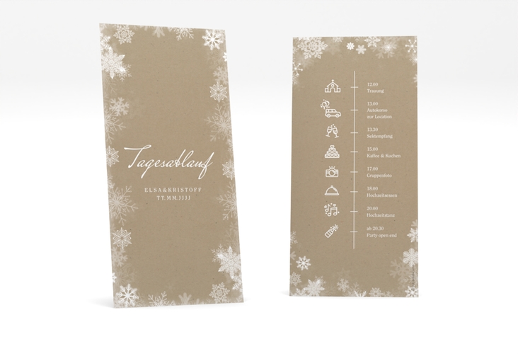 Tagesablauf Hochzeit Snowfall lange Karte hoch Kraftpapier hochglanz mit Schneeflocken für Winterhochzeit