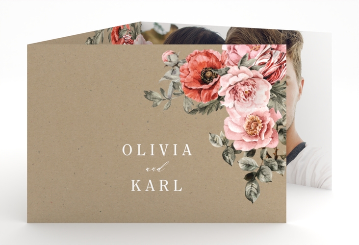 Hochzeitseinladung Grazioso A6 Doppel-Klappkarte Kraftpapier modern mit Mohnblumen und Rosen