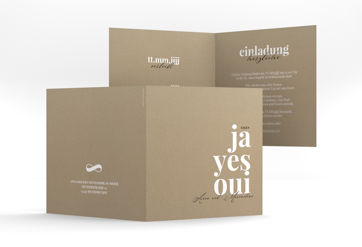 Hochzeitseinladung Oui quadr. Klappkarte mit Ja-Wort in verschiedenen Sprachen