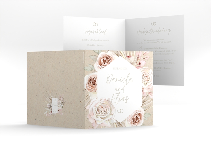 Hochzeitseinladung Bohorose quadr. Klappkarte Kraftpapier