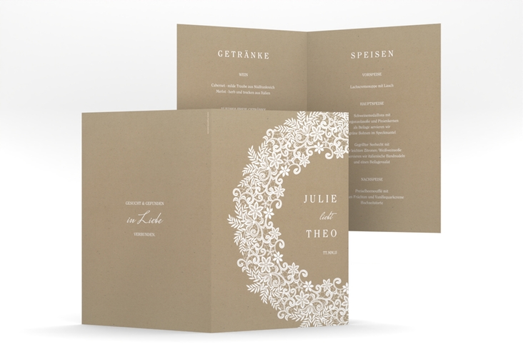 Menükarte Hochzeit Mariage A5 Klappkarte hoch Kraftpapier hochglanz mit Bogen aus weißer Spitze