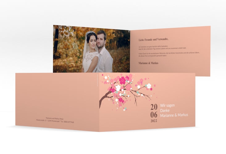 Danksagungskarte Hochzeit Sakura lange Klappkarte quer apricot