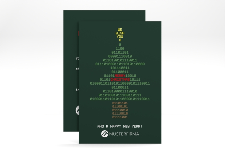 Business-Weihnachtskarte Binär A6 Karte hoch gruen mit Weihnachtsbaum aus Binärzahlen