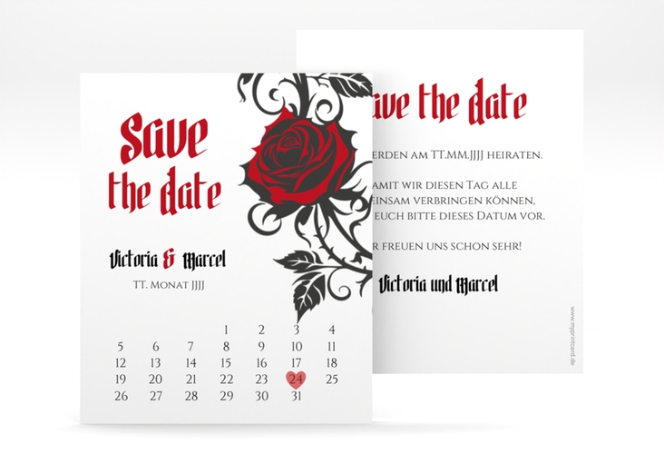 Save the Date-Kalenderblatt Red Rose Kalenderblatt-Karte weiss