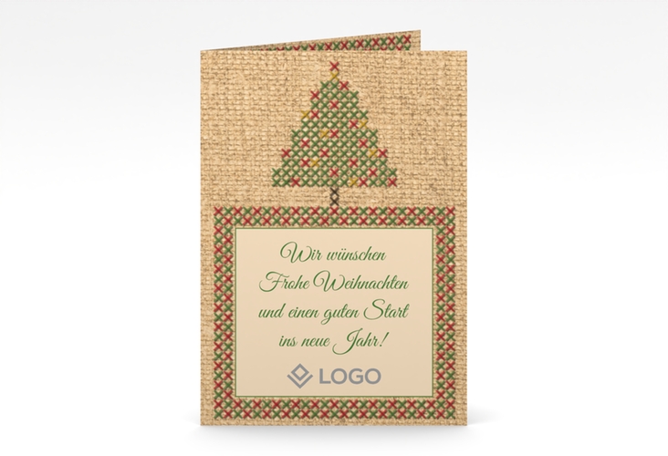 Geschäftliche Weihnachtskarte Stickerei A6 Klappkarte hoch gruen in Jute-Optik mit aufgesticktem Christbaum