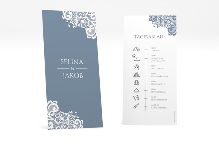 Tagesablauf Hochzeit Vintage lange Karte hoch blau mit floraler Spitze