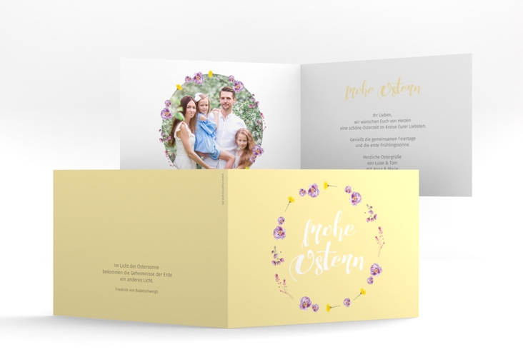 Osterkarte Fiorellino A6 Klappkarte quer gelb hochglanz Pastell mit Blumenkranz